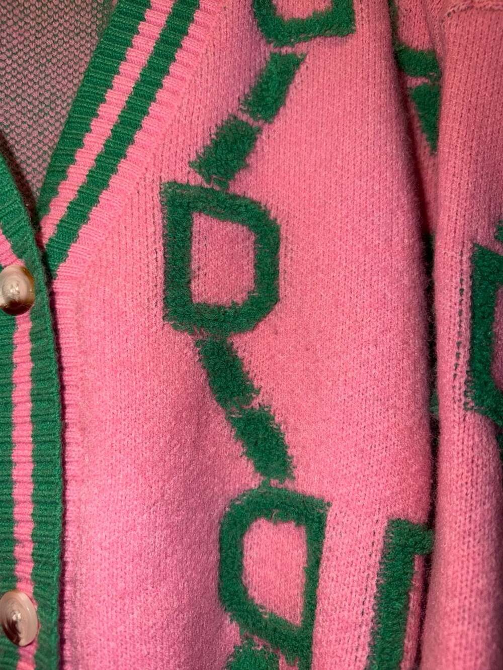 3XL
Pink and Green Geometric Pattern Button-Front Knit Cardigan - Picture 4 of 6